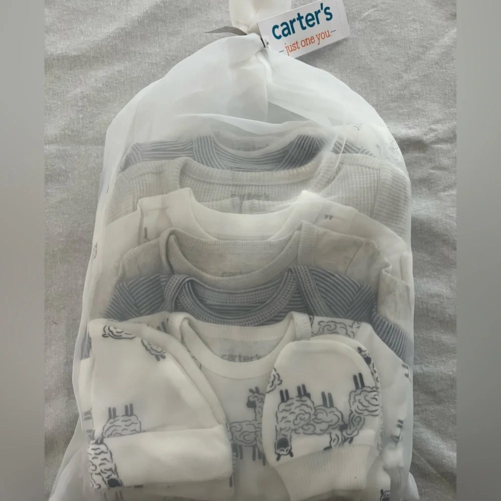 8 piece set carters boy set 3m new w tags and gift set cotton blue stripe sheep